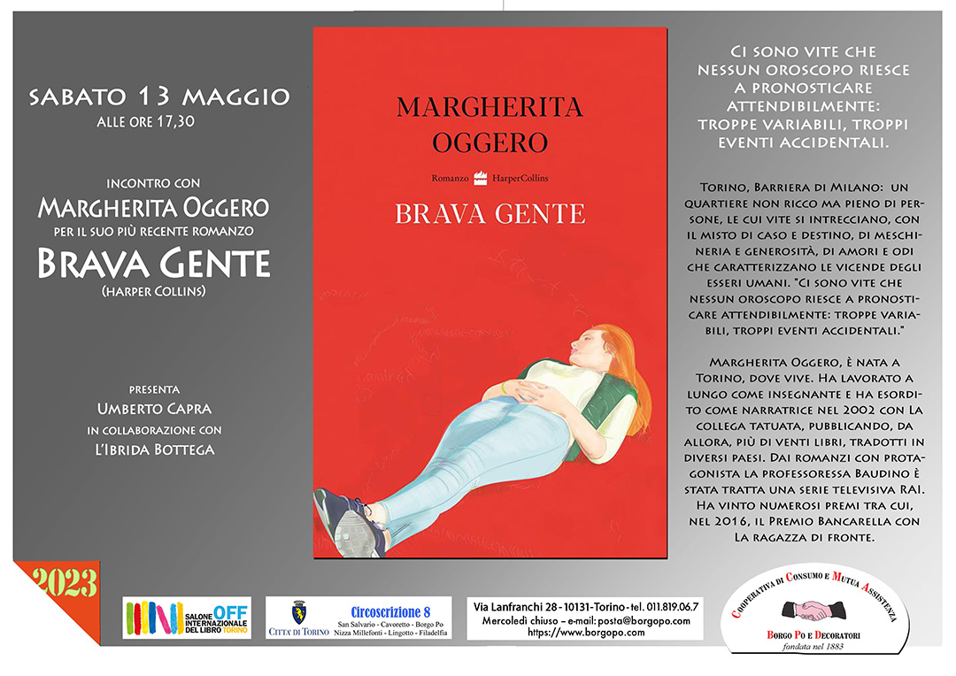 locandina incontro 13-5-23 con Margherita Oggero per "Brava gente" - Salone del Libro Off 2023